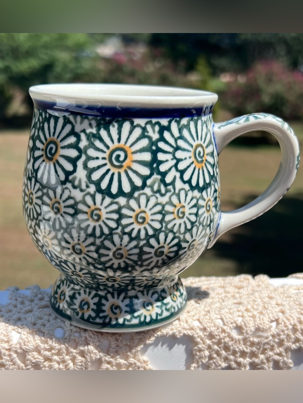 Ceramika Artystyczna Polish Pottery Pedestal Bubble Mug Green Daisy Handmade